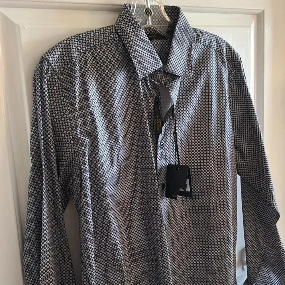AKA men shirt , NWT ,slim fit,blur,white,tan print,cotton  100, AKAC1330,career